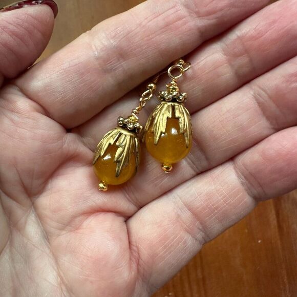 Natural Yellow Jade Earrings Gold Plated - Picture 5 of 8